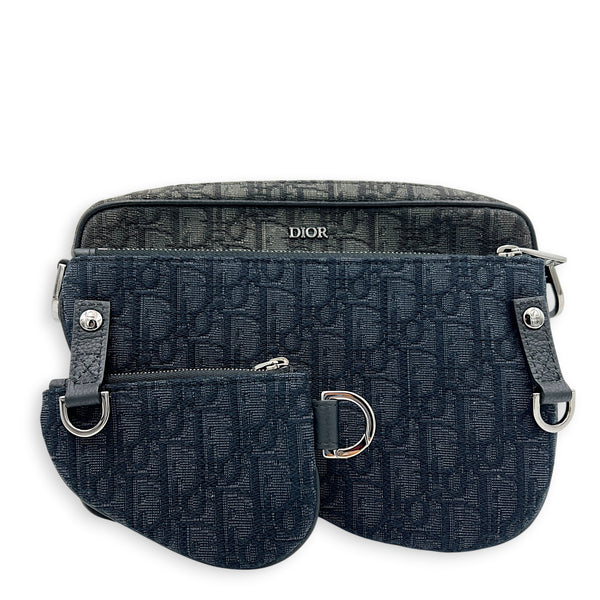 Saddle Triple Pouch Black Crossbody Bag in Oblique Jacquard, Silver hardware