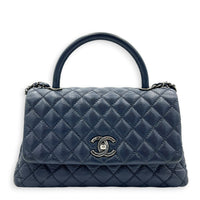 Coco Handle Quilted Top Handle Bag Blue in Caviar Leather, Ruthenium hardware
