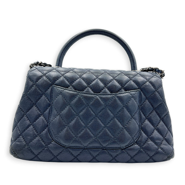 Coco Handle Quilted Top Handle Bag Blue in Caviar Leather, Ruthenium hardware