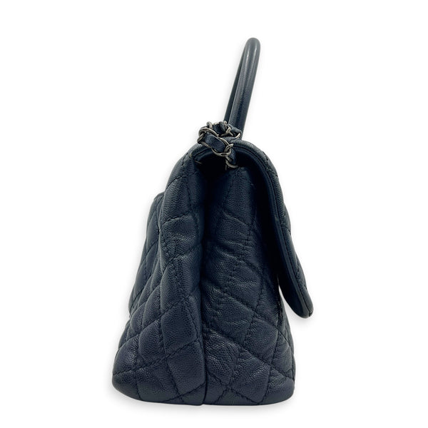 Coco Handle Quilted Top Handle Bag Blue in Caviar Leather, Ruthenium hardware