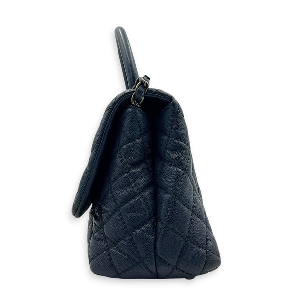 Coco Handle Quilted Top Handle Bag Blue in Caviar Leather, Ruthenium hardware