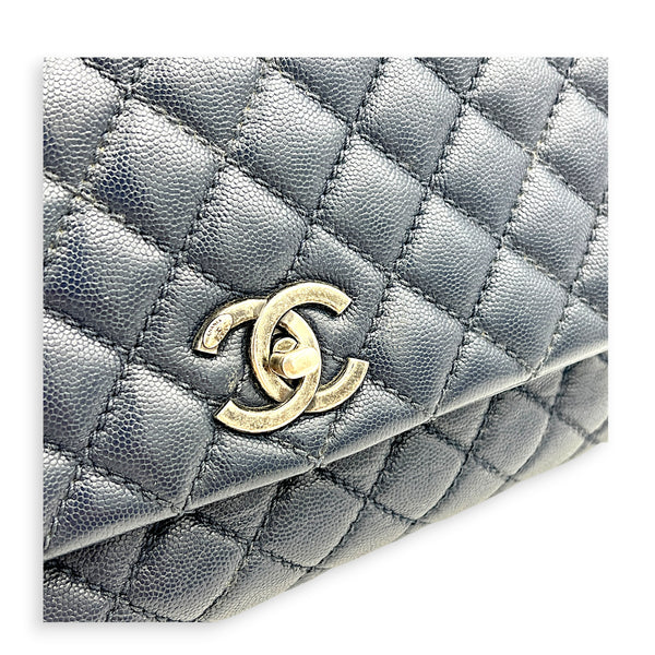 Coco Handle Quilted Top Handle Bag Blue in Caviar Leather, Ruthenium hardware
