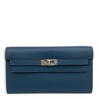 Kelly To Go Bleu de Prusse Wallet in Epsom, Palladium hardware