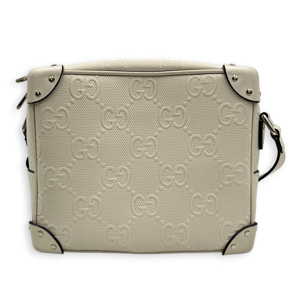 GG Embossed Trunk White Crossbody Bag in Calfskin, Silver hardware