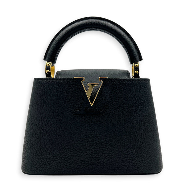 Capucines Mini Black Top Handle Bag in Taurillon Leather, Gold hardware