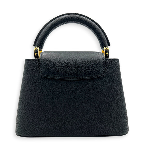 Capucines Mini Black Top Handle Bag in Taurillon Leather, Gold hardware