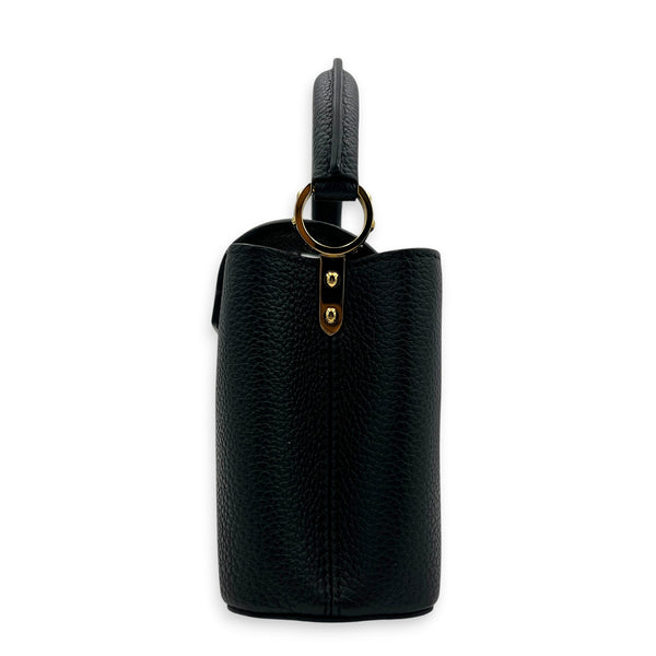 Capucines Mini Black Top Handle Bag in Taurillon Leather, Gold hardware