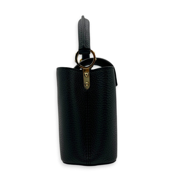 Capucines Mini Black Top Handle Bag in Taurillon Leather, Gold hardware