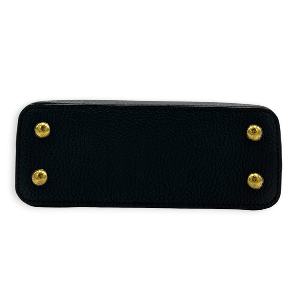 Capucines Mini Black Top Handle Bag in Taurillon Leather, Gold hardware