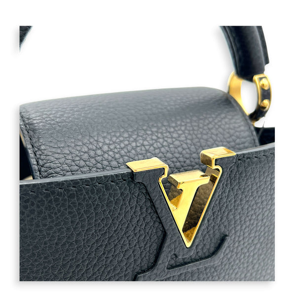 Capucines Mini Black Top Handle Bag in Taurillon Leather, Gold hardware