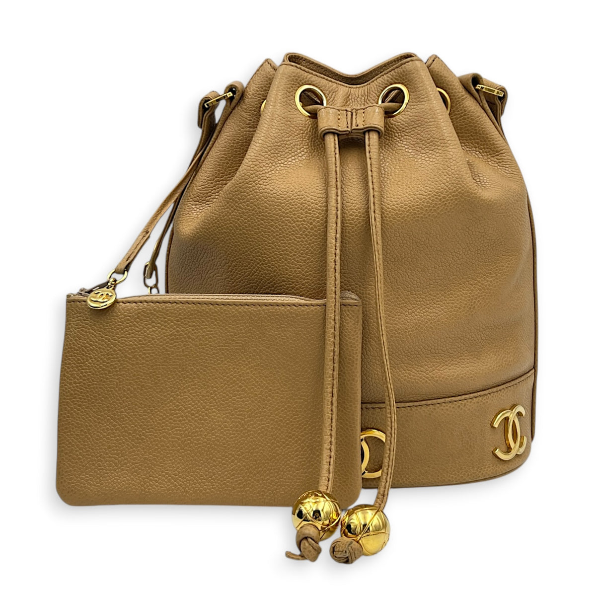 CC Bucket Bag Beige in Caviar Leather, Gold hardware