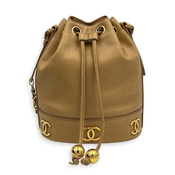 CC Bucket Bag Beige in Caviar Leather, Gold hardware