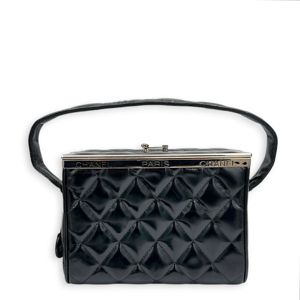 Vintage Box Quilted Top Handle Bag Black in Patent Leather, Silver hardware