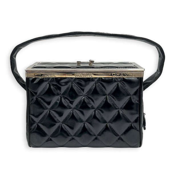 Vintage Box Quilted Top Handle Bag Black in Patent Leather, Silver hardware