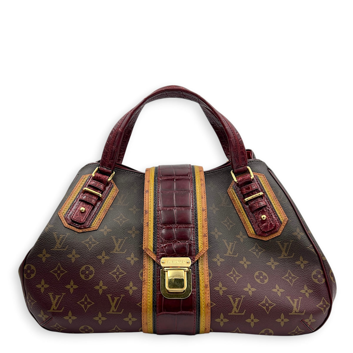Mirage Top Handle Bag Monogram Rayures Bordeaux in Monogram coated canvas, crocodile & ostrich leather, Gold hardware