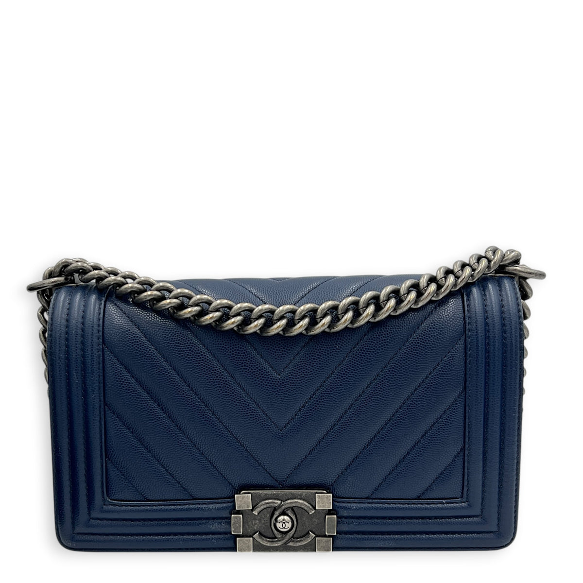 Boy Shoulder Bag Large Navy Blue in Caviar Leather, Ruthenium hardware
