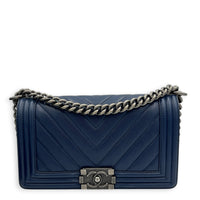 Boy Shoulder Bag Large Navy Blue in Caviar Leather, Ruthenium hardware