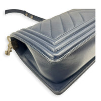 Boy Shoulder Bag Large Navy Blue in Caviar Leather, Ruthenium hardware