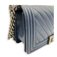 Boy Shoulder Bag Large Navy Blue in Caviar Leather, Ruthenium hardware