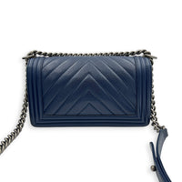Boy Shoulder Bag Large Navy Blue in Caviar Leather, Ruthenium hardware