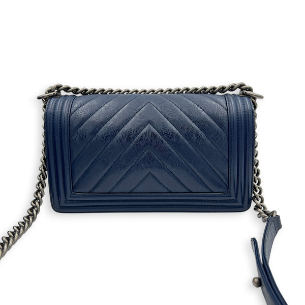 Boy Shoulder Bag Large Navy Blue in Caviar Leather, Ruthenium hardware