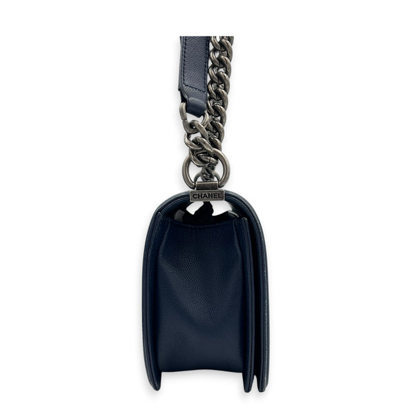 Boy Shoulder Bag Large Navy Blue in Caviar Leather, Ruthenium hardware
