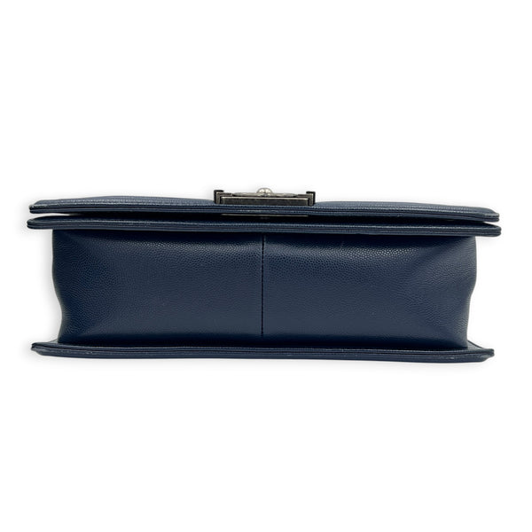 Boy Shoulder Bag Large Navy Blue in Caviar Leather, Ruthenium hardware