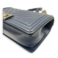 Boy Shoulder Bag Large Navy Blue in Caviar Leather, Ruthenium hardware