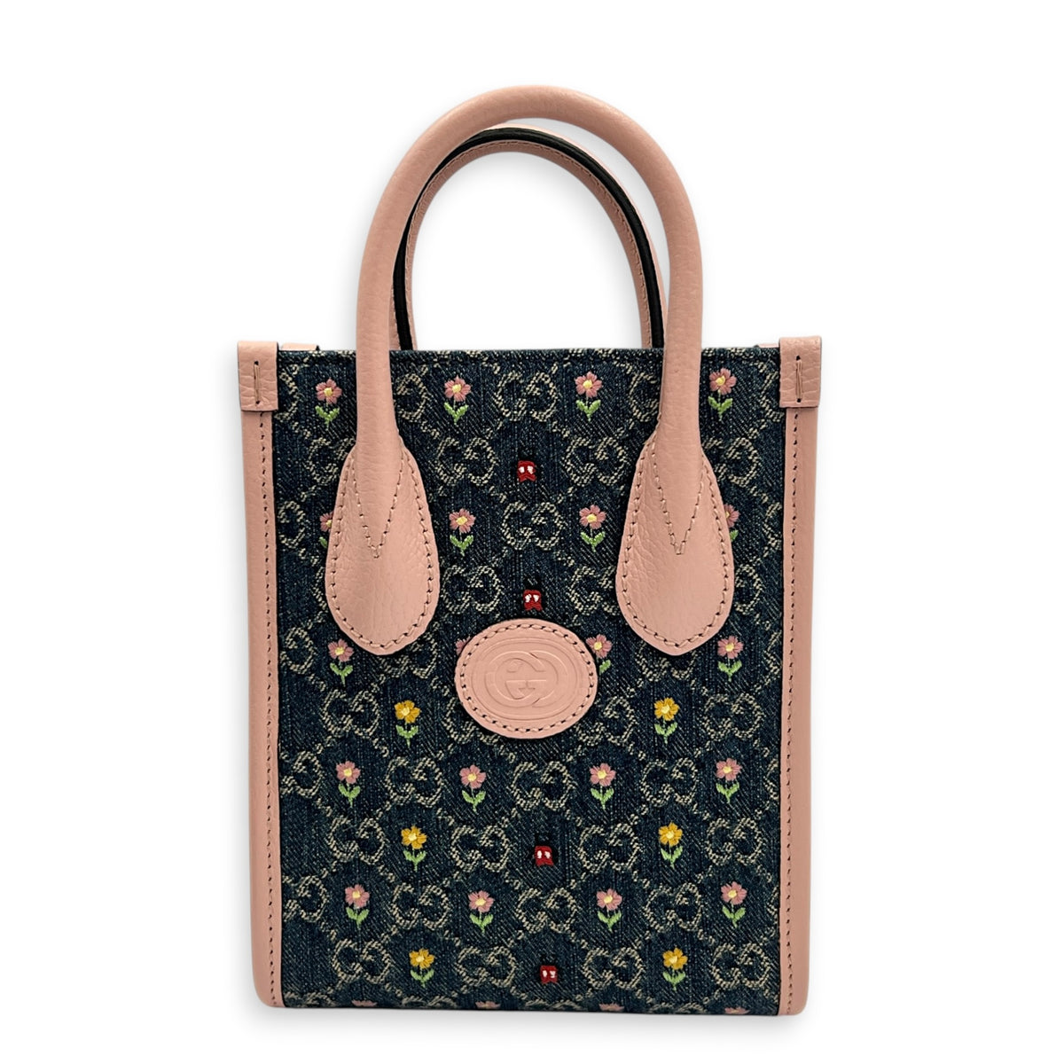 GG Floral  Top Handle Bag Pink in Denim, Silver hardware