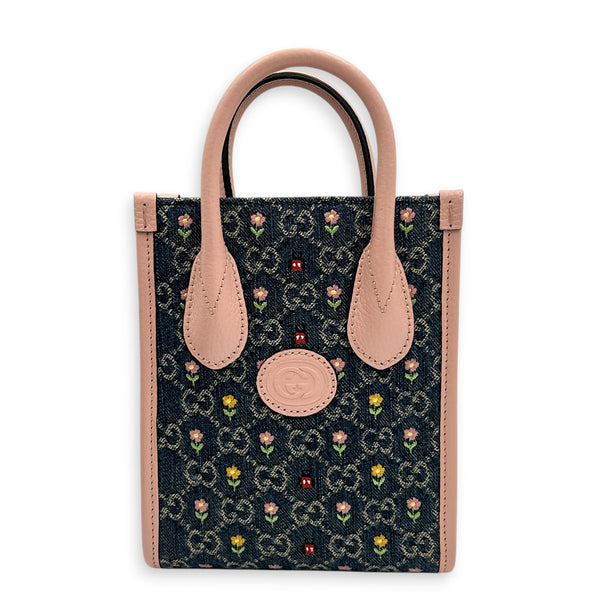 GG Floral  Top Handle Bag Pink in Denim, Silver hardware