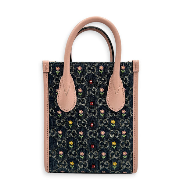 GG Floral  Top Handle Bag Pink in Denim, Silver hardware