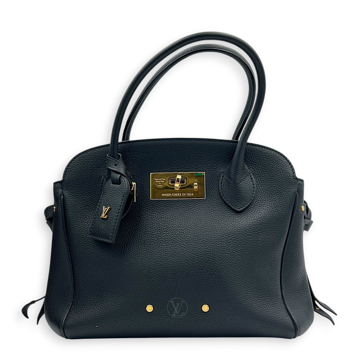 Milla Black Top Handle Bag in Taurillon Leather, Gold hardware
