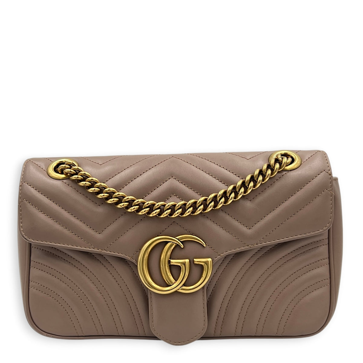 GG Marmont Shoulder Bag Small Dusty Pink / Nude Rose in Calfskin, Antique Brass hardware