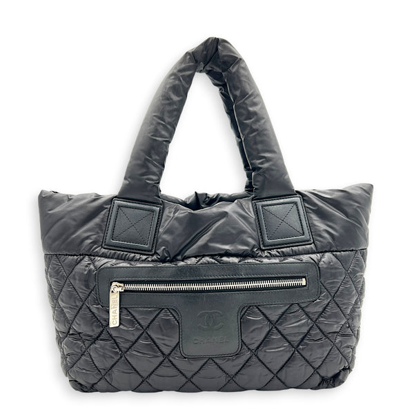 Cocoon Small Black Tote Bag in Nylon, Silver hardware