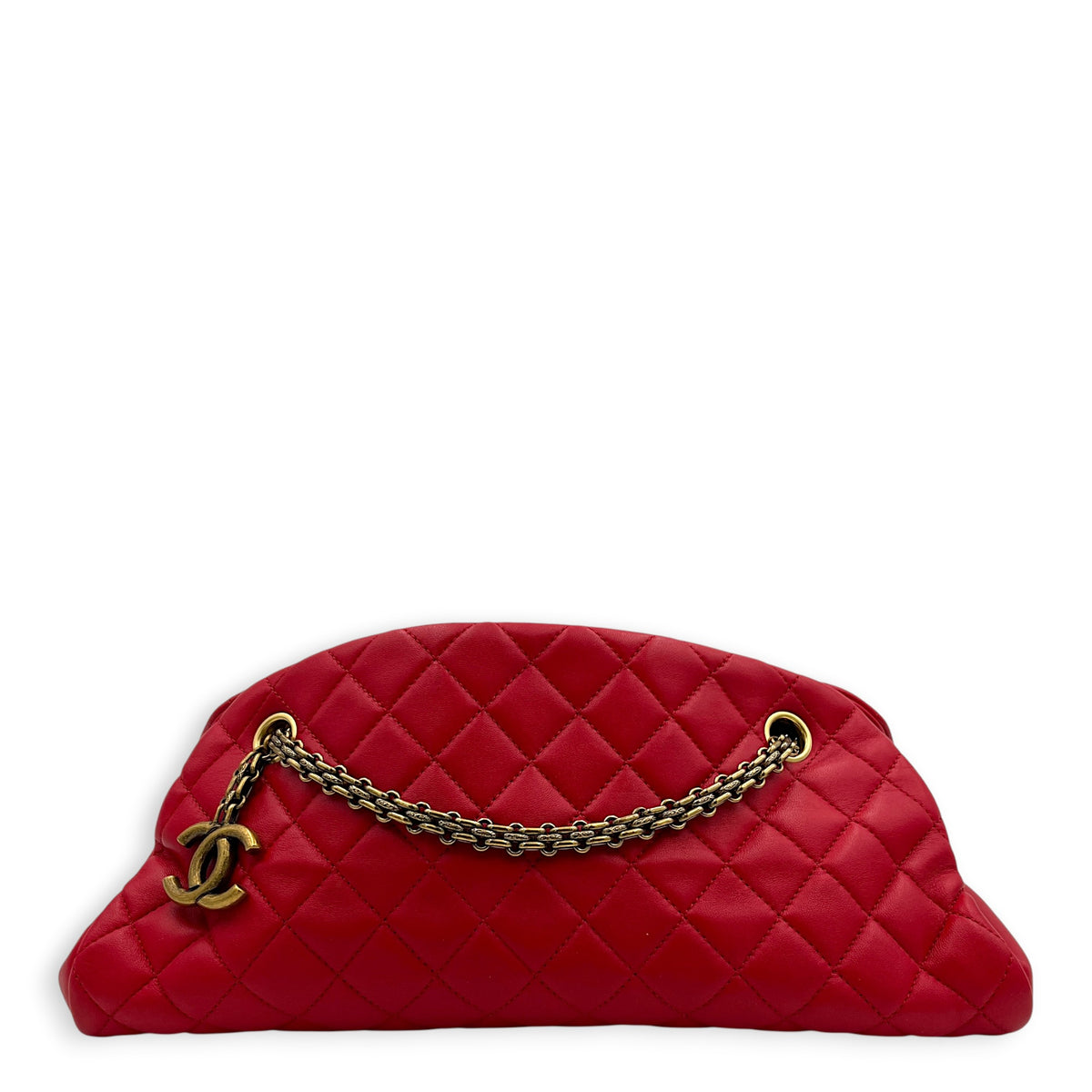 Mademoiselle Bowler Shoulder Bag Red in Lambskin, Antique Brass hardware