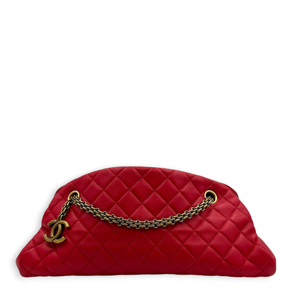 Mademoiselle Bowler Shoulder Bag Red in Lambskin, Antique Brass hardware