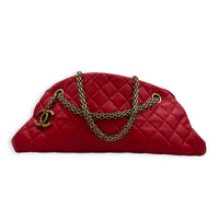 Mademoiselle Bowler Shoulder Bag Red in Lambskin, Antique Brass hardware