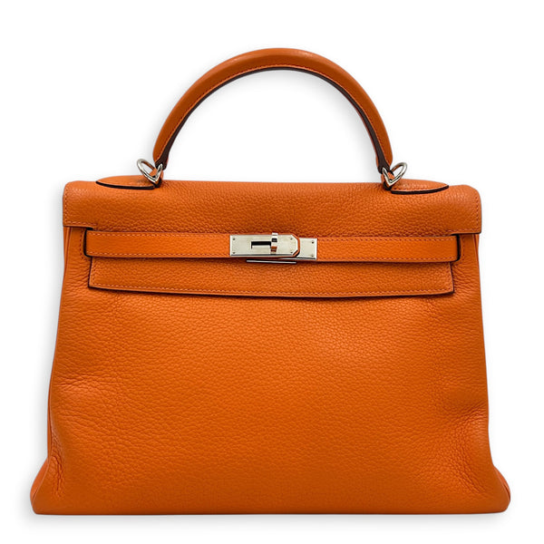 Kelly 32 Orange H Top Handle Bag in Clemence, Palladium hardware