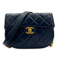 CC Quilted Moon Crossbody Bag Blue in Calfskin, Gold hardware