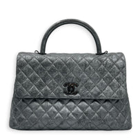 Coco Top Handle Bag Large Metallic Grey in Distressed Leather, Gunmetal hardware