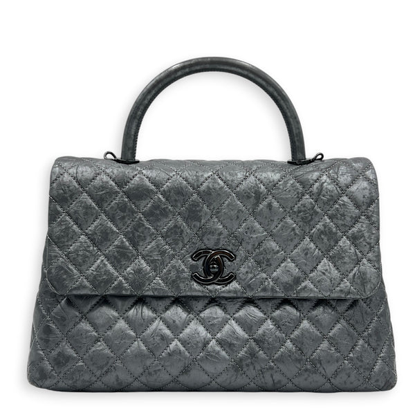 Coco Top Handle Bag Large Metallic Grey in Distressed Leather, Gunmetal hardware