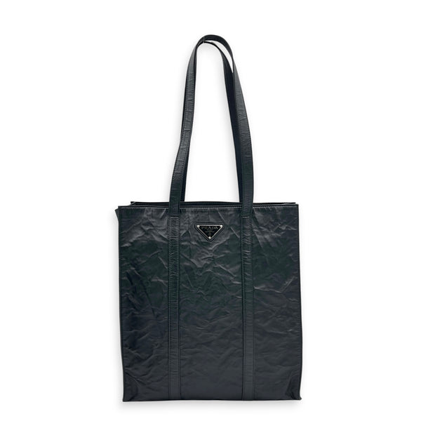 Logo Black Tote Bag in Distressed Leather, Silver hardware