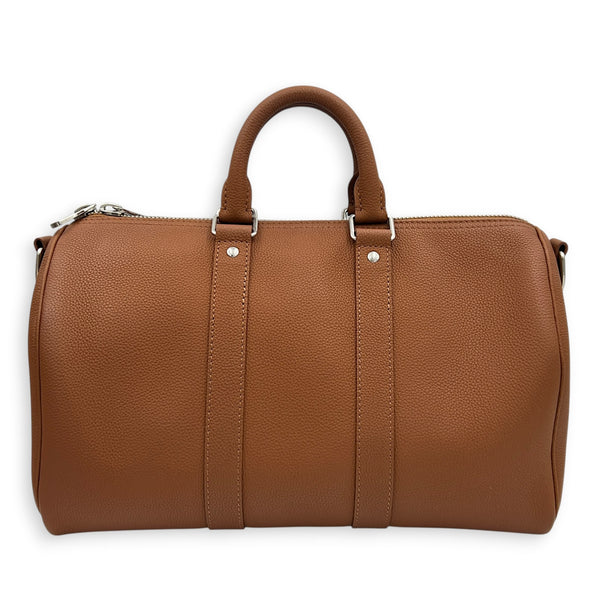 Keepall Top Handle Bag 35 Brown in Taurillon Leather, Silver hardware