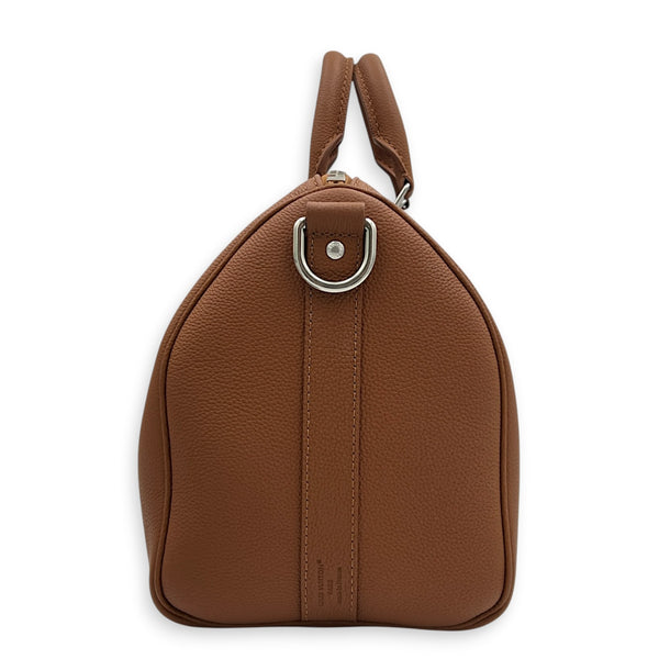 Keepall Top Handle Bag 35 Brown in Taurillon Leather, Silver hardware