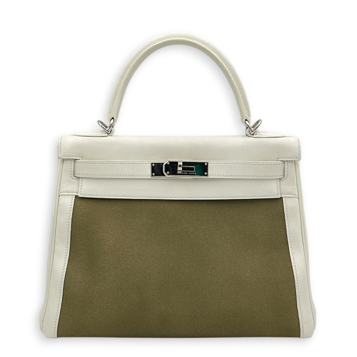 Kelly 28 White/ Vert Olive Officer Toile Top Handle Bag in Swift/Canvas, Palladium hardware