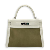 Kelly 28 White/ Vert Olive Officer Toile Top Handle Bag in Swift/Canvas, Palladium hardware