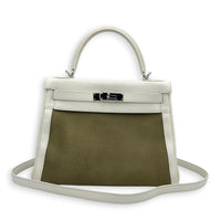 Kelly 28 White/ Vert Olive Officer Toile Top Handle Bag in Swift/Canvas, Palladium hardware