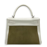 Kelly 28 White/ Vert Olive Officer Toile Top Handle Bag in Swift/Canvas, Palladium hardware