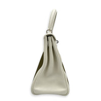 Kelly 28 White/ Vert Olive Officer Toile Top Handle Bag in Swift/Canvas, Palladium hardware