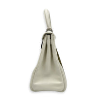 Kelly 28 White/ Vert Olive Officer Toile Top Handle Bag in Swift/Canvas, Palladium hardware